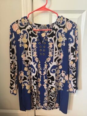 JM Collection Blue Floral Lace-Up Tunic with Gold Eyelets